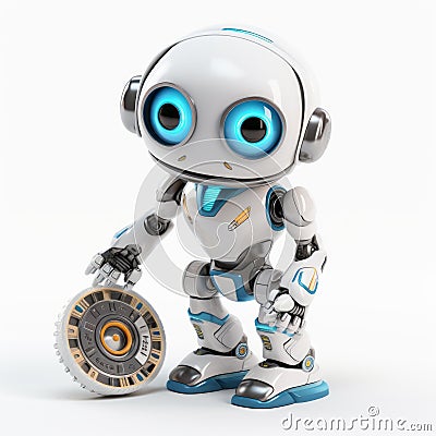 Precise And Lifelike White Robot Holding Blue Wheel - 3d Rendering Cartoon Illustration