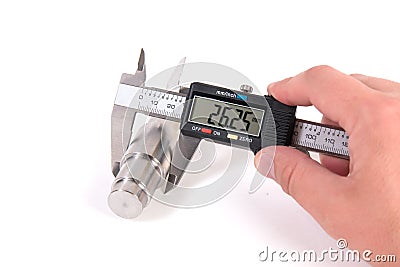 Precise measurement of metal part. Stock Photo