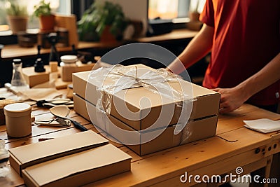 Precise packaging: Up-close hands skillfully arrange and prepare the item for shipping. Stock Photo