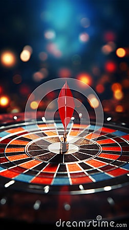 Precise success Red darts hit target center against dark blue sky, symbolizing accomplishment Stock Photo