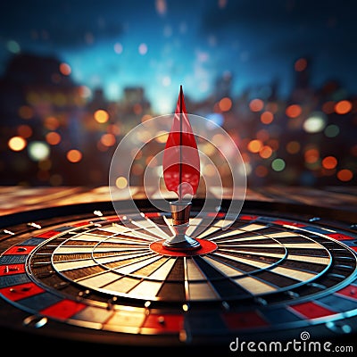 Precise success Red darts hit target center against dark blue sky, symbolizing accomplishment Stock Photo