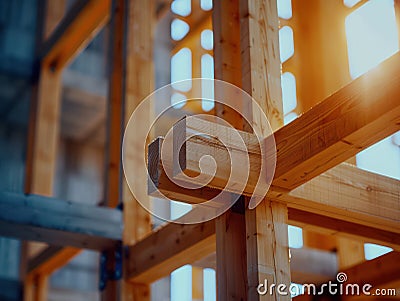 Precisely Aligned Timber Beams in a Building Frame Under Construction at a Development Site, A Close-Up View of Structural Support Stock Photo
