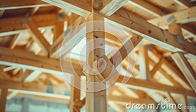Precisely Positioned Timber Beams Create a Strong Architectural Framework at a Busy Construction Site The Beams Interlock Stock Photo