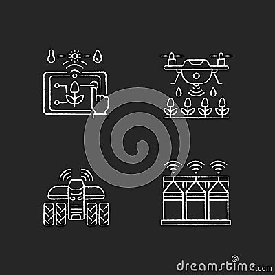 Precision agriculture RGB chalk white icons set on black background Vector Illustration