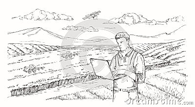 Precision Agriculture Vector Illustration. Hand Drawn Farmer with Laptop Operating Tractors with Satellite Engraving Vector Illustration