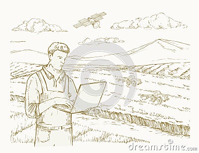 Precision Agriculture Vector Illustration. Hand Drawn Farmer with Laptop Operating Tractors with Satellite Engraving Vector Illustration