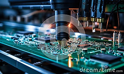 Precision automated machine arm calibrating and assembling circuit board components in a high-tech electronic manufacturing Stock Photo