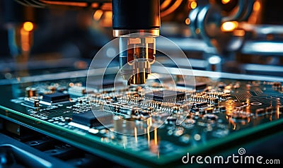 Precision automated machine arm calibrating and assembling circuit board components in a high-tech electronic manufacturing Stock Photo
