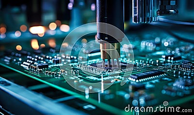 Precision automated machine arm calibrating and assembling circuit board components in a high-tech electronic manufacturing Stock Photo
