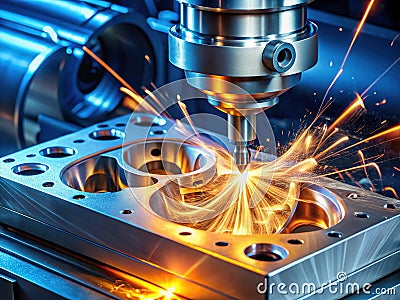 Precision 5Axis Machining of a V8 Engine Block Detailed View of CNC Milling Process and Industrial Automation Stock Photo