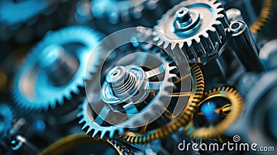 Precision close-up of interlocking gears system showcasing mechanical intricacy. Ai Generated Stock Photo