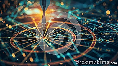 Precision in Digital Targeting A hightech dart precisely hitting the bullseye on a digital target symbolizing accuracy focus Stock Photo