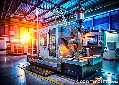 Precision Engineering in Action Automated CNC Machine with Tool Changer Demonstrates CuttingEdge Industrial Technology Stock Photo