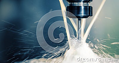 Precision industrial CNC machining of metal detail by mill at factory Stock Photo