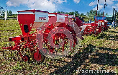 Mostyskyi district, Lviv region, Ukraine - September 05, 2019: Agricultural machinery presentation, seeders Gaspardo at the Editorial Stock Photo