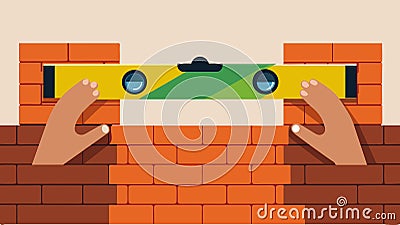 Precision is key as the hands use a level to ensure each brick is perfectly aligned for a seamless finish.. Vector Vector Illustration