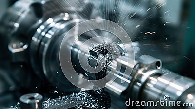 Precision Lathe Operation. A close-up image of a metal lathe in operation, focusing on the sharp cutting tool shaping a rotating Stock Photo