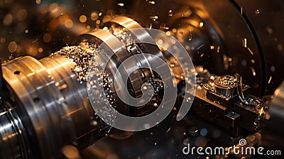 Precision Lathe Operation. A close-up image of a metal lathe in operation, focusing on the sharp cutting tool shaping a rotating Stock Photo