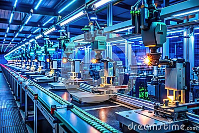 Precision PCB Assembly Automated NightShift Robot Installation and Quality Control in a Modern Electronics Factory Stock Photo