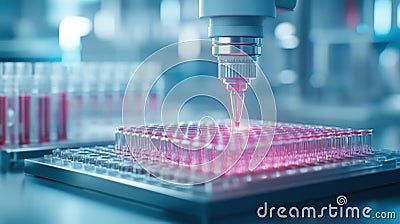 Precision pipetting robots perform genetic sample handling in a clean biotechnology lab, enhancing research efficiency Stock Photo
