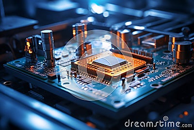 Precision production microelectronics chip factory, workspace, robot, conveyor in action Stock Photo