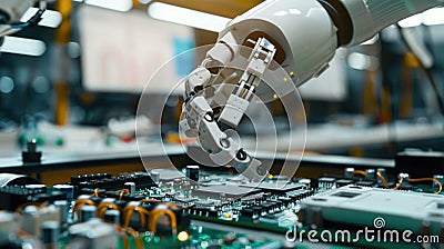 Precision robotics managing delicate PCB components on the assembly line in advanced production. Fully Automated PCB Stock Photo