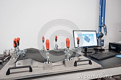 Automated dimensional inspection of a curved component quality control process with advanced scanning equipment Stock Photo