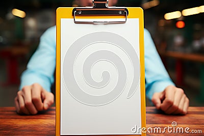 Precision showcased Close up hand holds clipboard mock up, displaying meticulous preparation Stock Photo