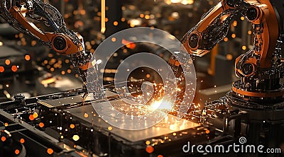 Precision Welding in a High-Tech Factory using Automated Robotic Arms with Sparks Stock Photo