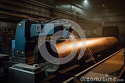 precision welding robot performing complex weld joint on turbine blade Stock Photo