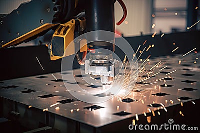 precision welding robot performing delicate weld on aircraft turbine blade Stock Photo