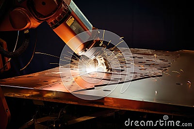 precision welding robot performing intricate weld on aircraft wing Stock Photo
