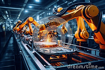 Precision welding with a robotic arm in an assembly line manufacturing facility Stock Photo