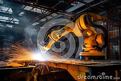Precision Welding with a Yellow Robotic Arm. Stock Photo