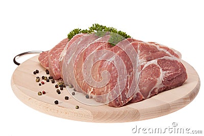 Precursors pork meat on wooden try. Stock Photo