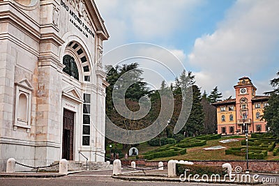 Predappio, Emilia-Romagna, Italy: the church and the ancient city hall Palazzo Varano, where he Lived Benito Mussolini Editorial Stock Photo