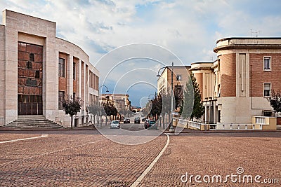 Predappio, Emilia-Romagna, Italy: the main avenue of the town with the old buildings in rationalist architecture built in the Stock Photo