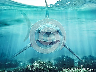 A predator great white shark swimming in the ocean coral reef shallows just below the water line closing in on its victim . Stock Photo