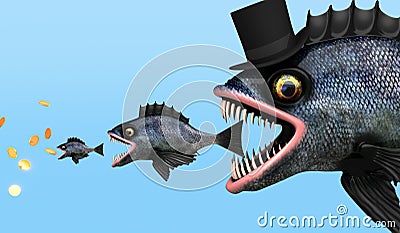 A large business predator eats a small fish. Stock Photo