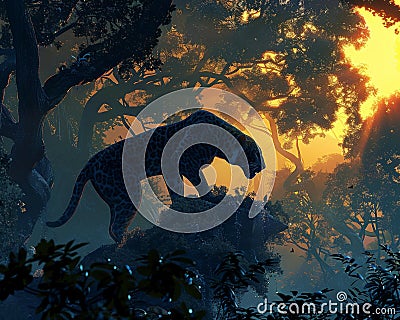 Predators silent prowl, dynamic, diagonal angle, dusk light through trees, painting with digital smoothness , 3D render Stock Photo