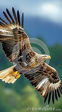 Predatory bird in safari eagle freely flying under blue sky Stock Photo