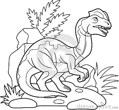 Predatory Dilophosaurus, linear illustration. Vector Illustration