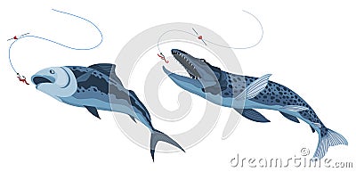 Predatory fish catch. Cartoon fish catching the fishing lure. Pike fishing is jumping to catch bait on hook. Sports Vector Illustration