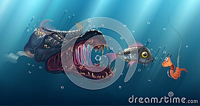 Predatory fish underwater, ancient shark vector illustration, fishing poster with pike over blue background, fishing live bait in Vector Illustration