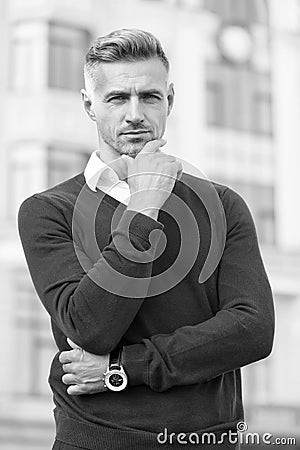 Predict developments. Lost in thoughts. Cognitive process. Intellectual work. Attractive mature man. Mature man grey Stock Photo