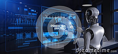 Predictive Analytics Leveraging Data for Forecasting Illustrated with a Robot Pressing a Button on a Virtual Screen. 3D render Stock Photo
