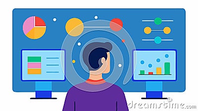 Predictive Analytics A professional looking at a futuristic screen that displays predictive models and forecasts Vector Illustration