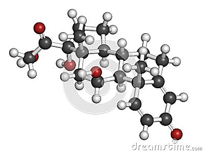 Prednisolone corticosteroid drug molecule. Atoms are represented as spheres with conventional color coding: hydrogen (white), Stock Photo