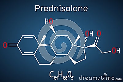 Prednisolone molecule. Is known as a corticosteroid or steroid medication. Structural chemical formula on the dark blue background Vector Illustration