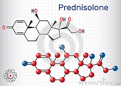 Prednisolone molecule. Is known as a corticosteroid or steroid medication. Structural chemical formula and molecule model. Sheet Vector Illustration